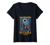 Femme San Sebastián, España Eclipse Solar Total 2026 T-Shirt avec Col en V