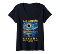 Femme San Sebastián, España Eclipse Solar Total 2026 T-Shirt avec Col en V