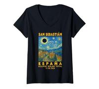 Femme San Sebastián, España Eclipse Solar Total 2026 T-Shirt avec Col en V