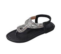 Femme Sandales Élastique Bride À La Cheville Bout Ouvert Chaussure Plates avec Strass Perles Sandales Confortable Nu Pieds T-Strap Léger Tongs avec Strass
