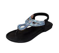 Femme Sandales Élastique Bride À La Cheville Bout Ouvert Chaussure Plates avec Strass Perles Sandales Confortable Nu Pieds T-Strap Léger Tongs avec Strass