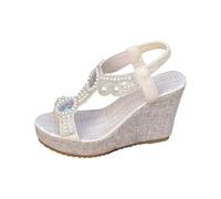 Femme Sandales Été Confortable Sandales bohèmes accessibles pour l'été avec bride frontale et talon moyen faciles à enfiler et ornées de détails scintillants idéales plage vacances (Beige, 42)