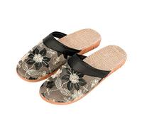 Femme Sandales Plates Été Chaussons en Lin Anti-Glisse Respirant Slipper d'Intérieur Extérieur Chaussure en Maille Brodée Pantoufles de Piscine Plage Voyage Sauna Séchage Rapide Sabot Mule Noir 39-40