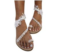 Femme Sandales Pour femmes White Ring Toe Floral Sandals Flat Fashion Casual confortable Solid color Vintage Beach Shoes(White,41)