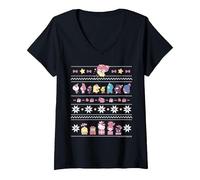 Femme Sanrio Hello Kitty Mignon Motif Noël T-Shirt avec Col en V, Noir, XL