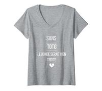 Femme sans Toto, Le Monde Serait Bien Triste. T-Shirt avec Col en V, Gris Chiné, M