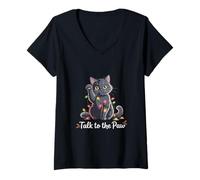 Femme Santa Cat Talk to The Paw Funny Christmas Cool Cat Lover T-Shirt avec Col en V