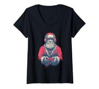 Femme Santa Claus Gamer Casque de Jeu Amusant de Noël T-Shirt avec Col en V