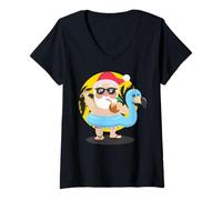Femme Santa Flamingo Tropical Beach Christmas Hawaiian Party Float T-Shirt avec Col en V