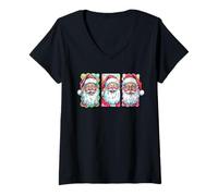 Femme Santa Happy Faces Joyeux Noël avec Un Père Noël drôle T-Shirt avec Col en V