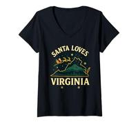 Femme Santa Loves VA Chemise traîneau Renne Nuit Virginie T-Shirt avec Col en V