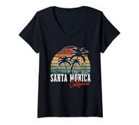 Femme Santa Monica California USA Drapeau américain Palmiers T-Shirt avec Col en V
