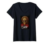 Femme Santa Muerte Crâne et Roses Rouges Décoration Art Design T-Shirt avec Col en V