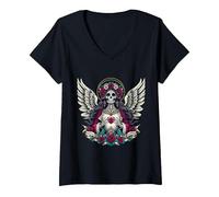 Femme Santa Muerte T-Shirt avec Col en V, Noir, XXL