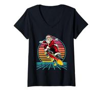 Femme Santa Ridng Skateboarding Retro 80s Funny Christmas Xmas T-Shirt avec Col en V