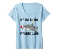 Femme Santa Shark Christmas Lights I'm Fine Everything is Fine T-Shirt avec Col en V