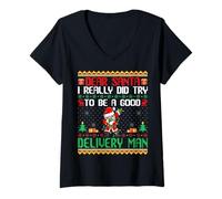 Femme Santa Try to Be a Good Delivery Man - Funny Christmas T-Shirt avec Col en V