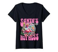 Femme Santa's Favorite Hot Mess Funny Flamingo Christmas Cocktail T-Shirt avec Col en V