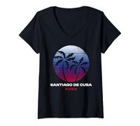 Femme Santiago De Cuba Cuba Rétro Coucher De Soleil Palmiers Tropical T-Shirt avec Col en V
