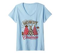 Femme Sapin de Noël Howdy Cowgirl Western Country Women Pink Xmas T-Shirt avec Col en V