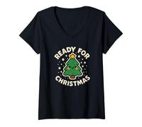 Femme Sapin de Noël Mignon « Ready for Christmas » T-Shirt avec Col en V