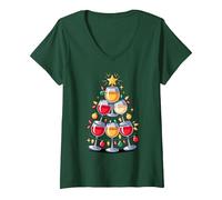 Femme Sapin De Noël Verre À Vin T-Shirt avec Col en V, Vert Forêt, XL