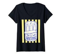 Femme Sardine Poisson en étain Rétro Pop Art Méditerranéen Été T-Shirt avec Col en V