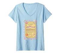 Femme Sardine Tinned Fish Retro Vintage Coastal Girl Ocean Summer T-Shirt avec Col en V