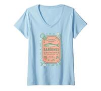 Femme Sardine Tinned Fish Retro Vintage Coastal Girl Ocean Summer T-Shirt avec Col en V