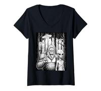 Femme Sasquatch et Alien Peace Sign in The Forest Funny Meme T-Shirt avec Col en V