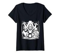 Femme Sasquatch et Alien Peace Sign in The Forest Funny Meme T-Shirt avec Col en V