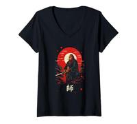 Femme Sasquatch Samurai Warrior Art Japonais Vieilli T-Shirt avec Col en V