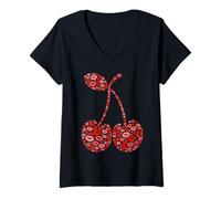 Femme Sassy Cherry Lips Bisous Cerises T-Shirt avec Col en V