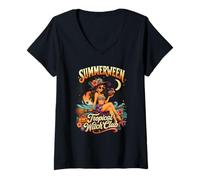 Femme Sassy Summerween Tropical Witch Club Beach Vacation Vibes T-Shirt avec Col en V