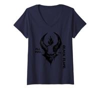 Femme Satan Flamme Noire Lucifer Cornes Wicca Diable Sorcellerie T-Shirt avec Col en V