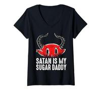 Femme Satan is My Sugar Daddy Diable et Enfer T-Shirt avec Col en V