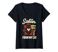 Femme SATAN TAKES NOTES FROM MY CAT T-Shirt avec Col en V
