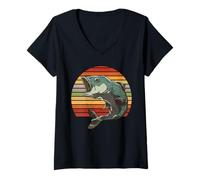 Femme Saut Sandre Pêche Sandre Poisson Canne À Pêche Pêcheur T-Shirt avec Col en V
