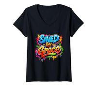 Femme Sauvé par Grace - Christian Graffiti T-Shirt avec Col en V
