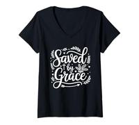 Femme Sauvé par Grace, Foi chrétienne, écriture Religieuse T-Shirt avec Col en V