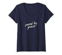 Femme Sauvé par grâce Script de Foi Minimaliste chrétien T-Shirt avec Col en V