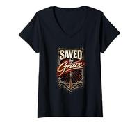 Femme Sauvé par la grâce (Éphésiens 2:8) Christian Redemption Design T-Shirt avec Col en V