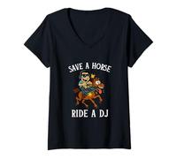 Femme Save A Horse Ride A DJ Funny Techno Rave EDM Festival Meme T-Shirt avec Col en V