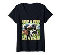 Femme Save A Tree Eat A Vegan Funny Vache Blague végétalienne T-Shirt avec Col en V