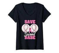 Femme Save Second 2nd Base Funny Baseball Breast Cancer Awareness T-Shirt avec Col en V
