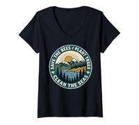 Femme Save The Bees Plant Tree Clean The Seas T-Shirt avec Col en V