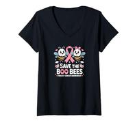 Femme Save The Boo Bees Ghosts Sensibilisation au Cancer du Sein T-Shirt avec Col en V