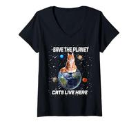 Femme Save The Planet Cats Live Here Funny Kitten Cat Lovers T-Shirt avec Col en V