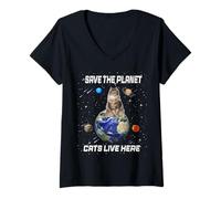 Femme Save The Planet Cats Live Here Funny Kitten Cat Lovers T-Shirt avec Col en V