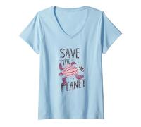 Femme Save The Planet Tortue Terre Changement Climatique Réchauffement Climatique T-Shirt avec Col en V